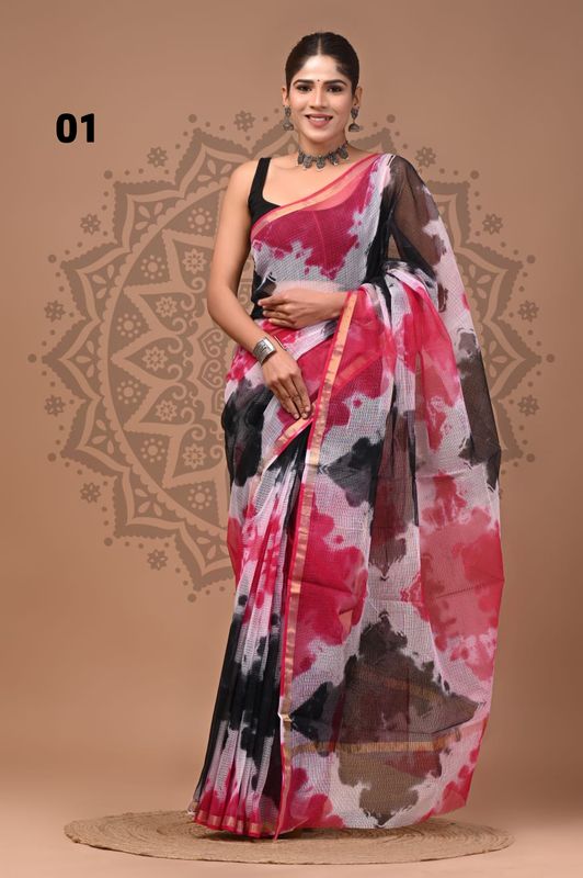 Exclusive Pure Hand Block Printed Kota Doriya Saree with Blouse