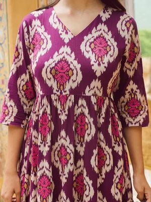 Brinda Royal Wine Purple Muslin Western Dress with Floral Print