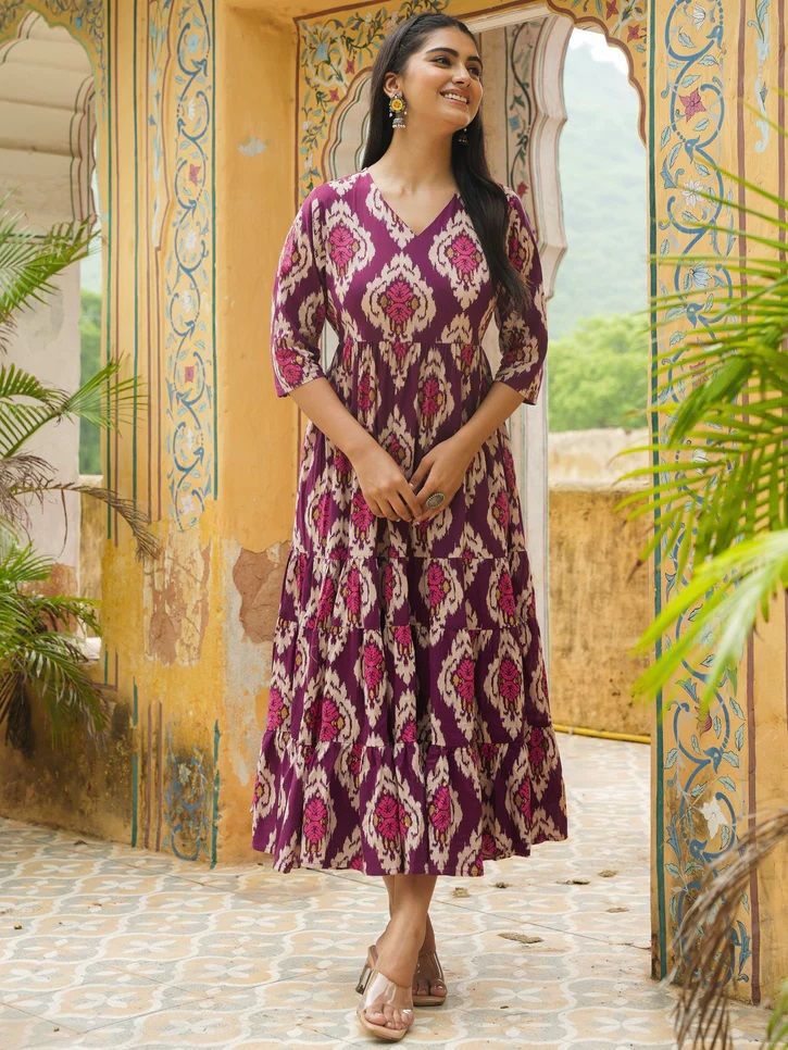Brinda Royal Wine Purple Muslin Western Dress with Floral Print