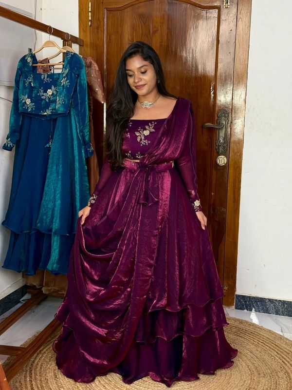 Adhira Wine Peplum Lehenga Blouse with Dupatta Set