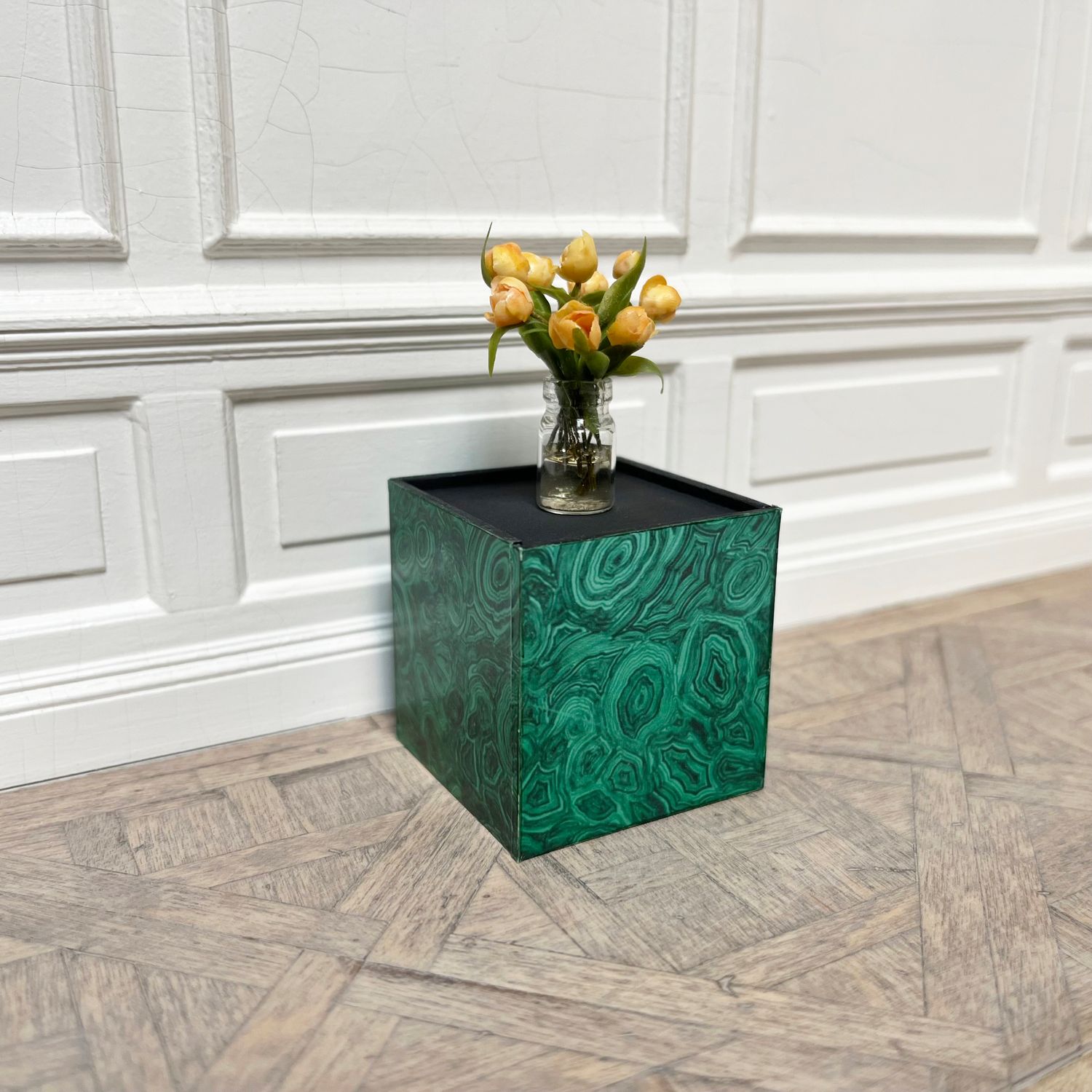 after Fornasetti cube side table malachite