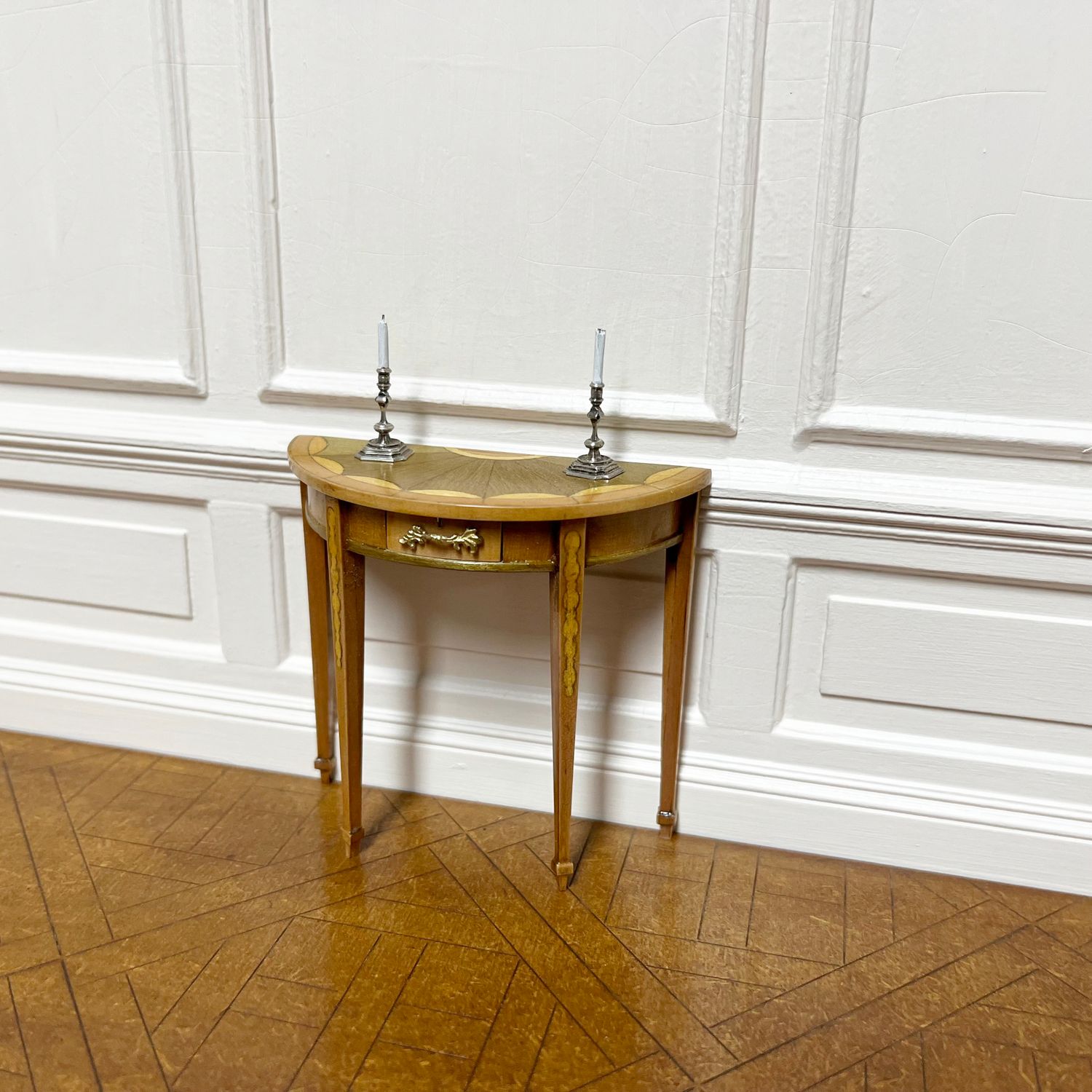 Adams style marquetry demi lune side table Adams style marquetry demi lune side table