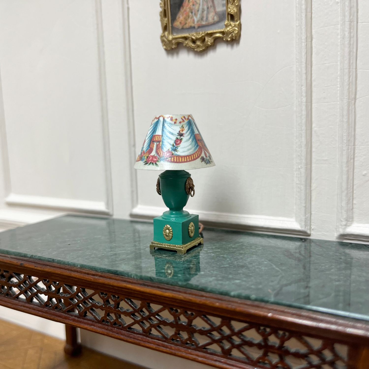 Toleware table lamp in TEAL