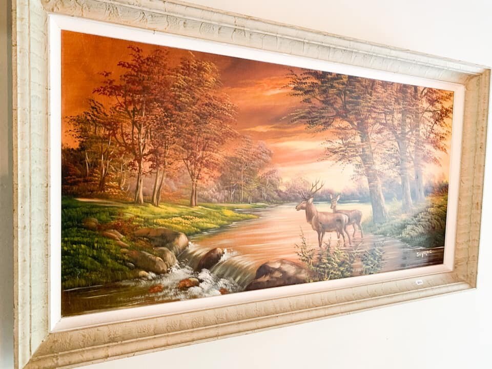 Schilderij SEYRAC Groot werk olieverf op doek Natuur Bos en Herten Bomen  landschap schilderij Antiek