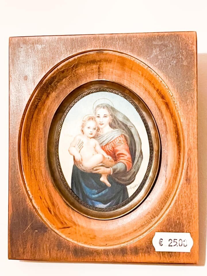 Maria met kind Madonna Schilderij Kind Moeder en kind Schilderij op houten - Miniatuur met één haar geschilderd.