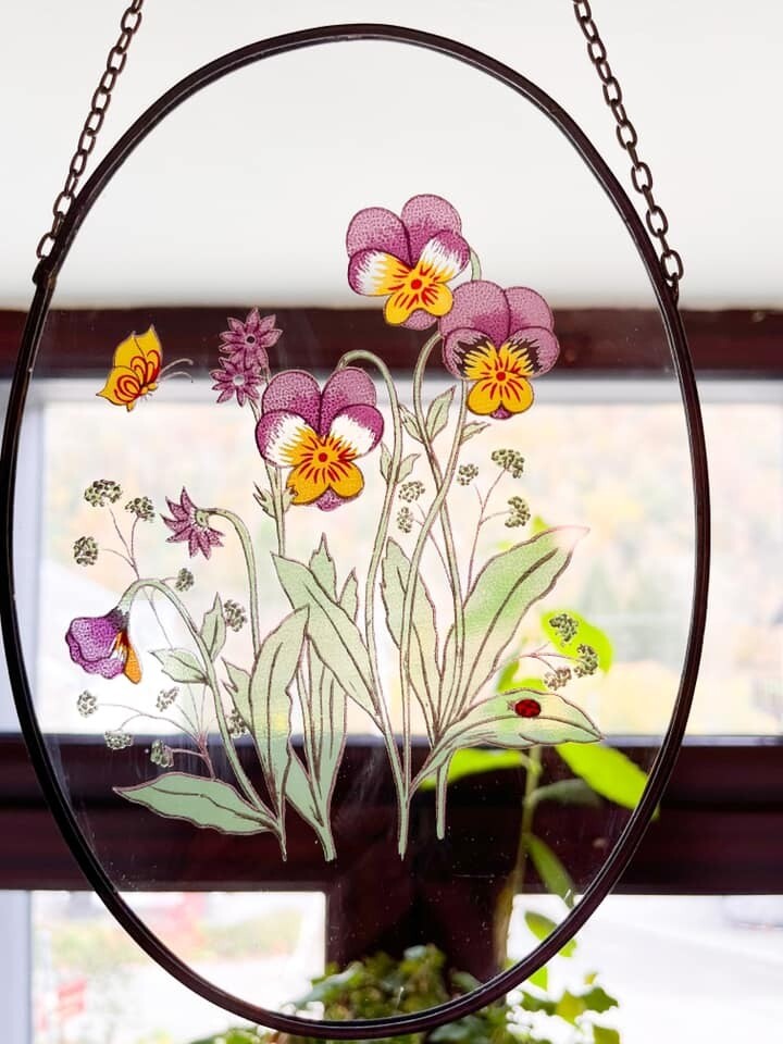 Ijsbeer Carry riem Glas in lood Glasraam met bloemen SET van 3 Stuks Vintage Rustiek Ovale  glasramen Natuur bloemen Thema Glas in lood ovaal