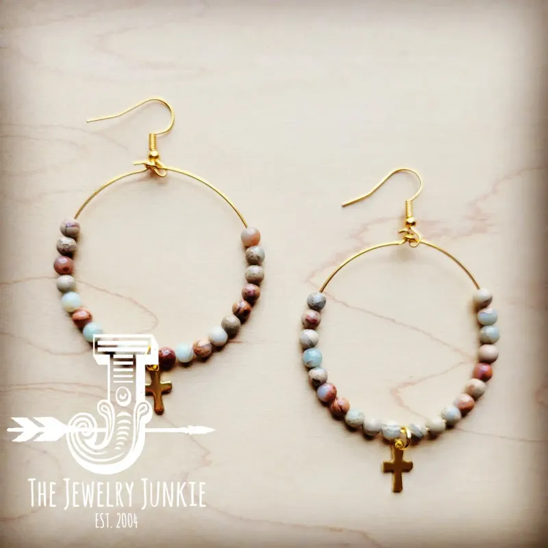 Beaded Hoop Earrings - Aqua Terra w/ Cross Dangle