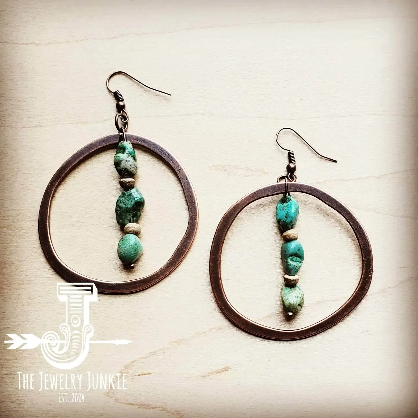 Copper Hoop w/ Natural Turquoise  and Wood Earrings