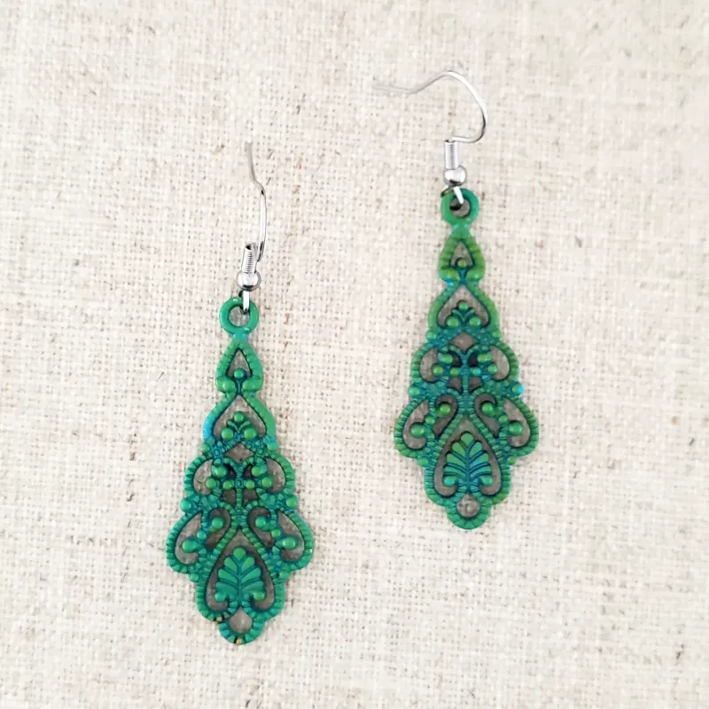 Brass Thin Filigree Paint Patina Earrings