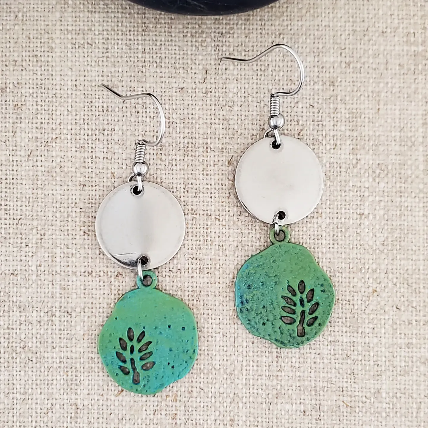 Brass Leaf Cutout and Stainless Paint Patina Earrings