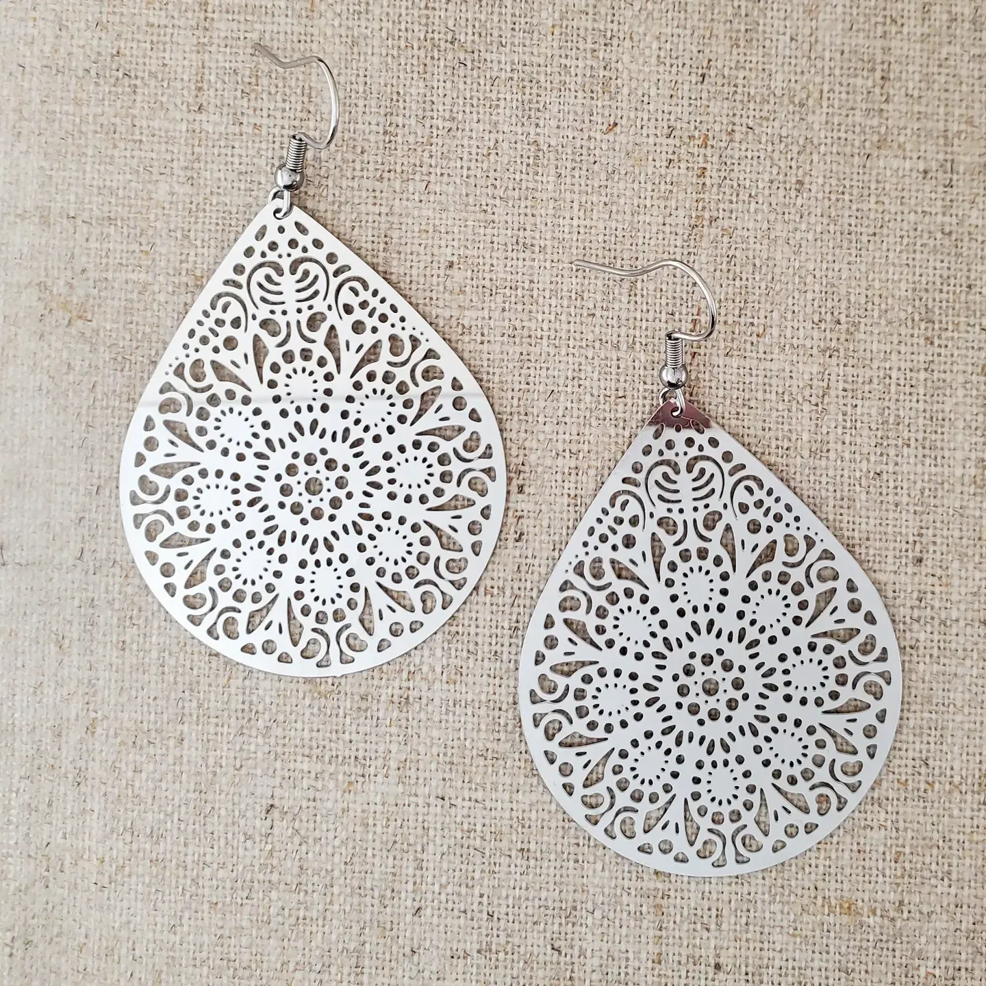 Stainless Steel Filigree Teardrop Earrings