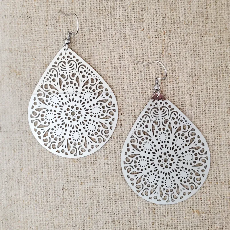 Stainless Steel Filigree Teardrop Earrings