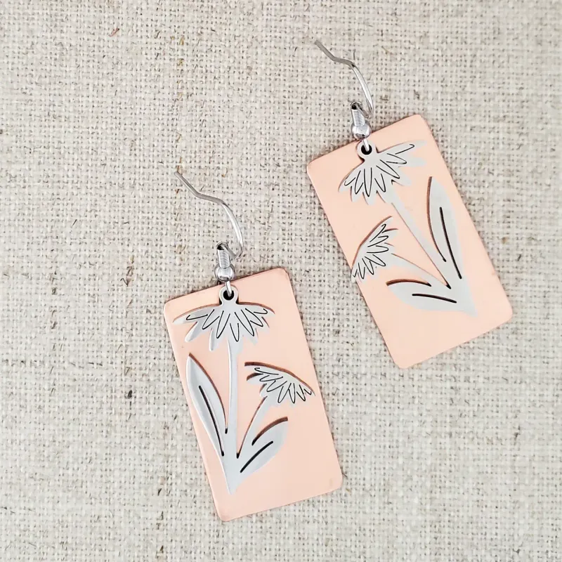 Stainless and Copper Dual Flower Layered Earrings