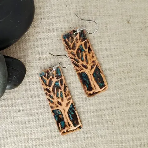 Natural Patina Emboss Medium Rectangle Copper Tree Earrings