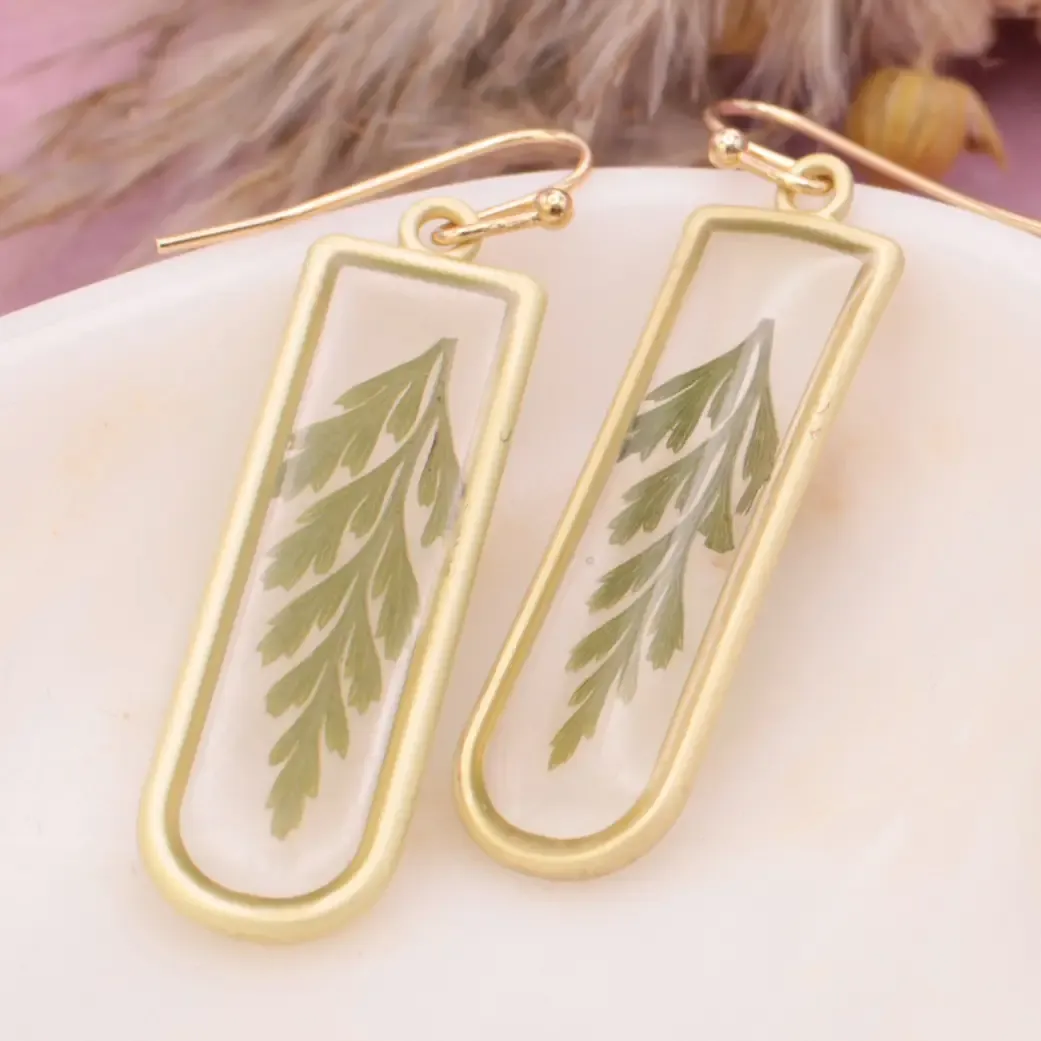 Gold Bar Green Dried Flower Earrings