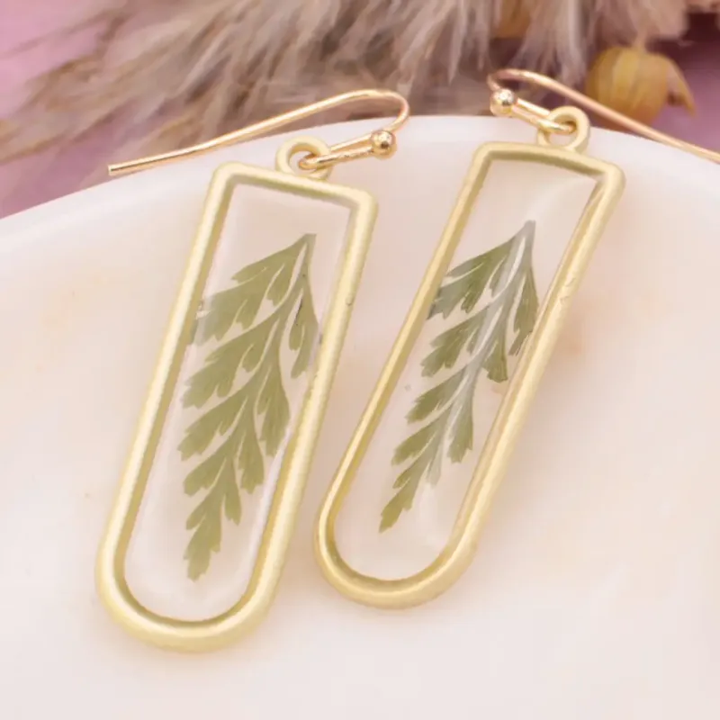Gold Bar Green Dried Flower Earrings