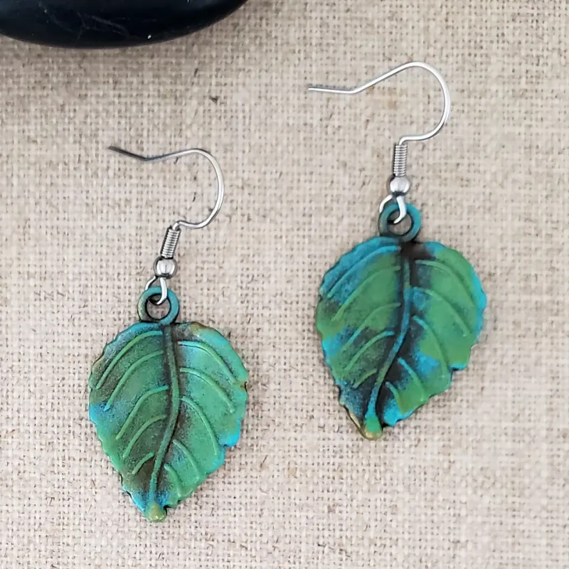 Brass Wide Leaf Paint Patina Earrings