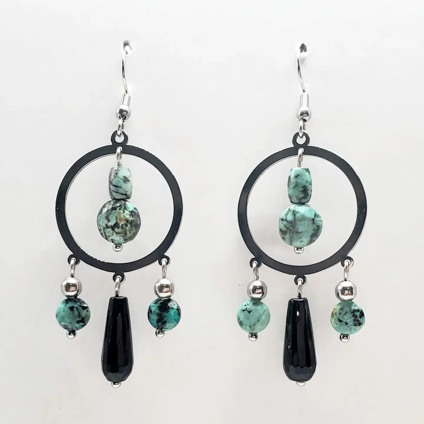 African Turquoise &amp; Stainless Chandelier Earrings