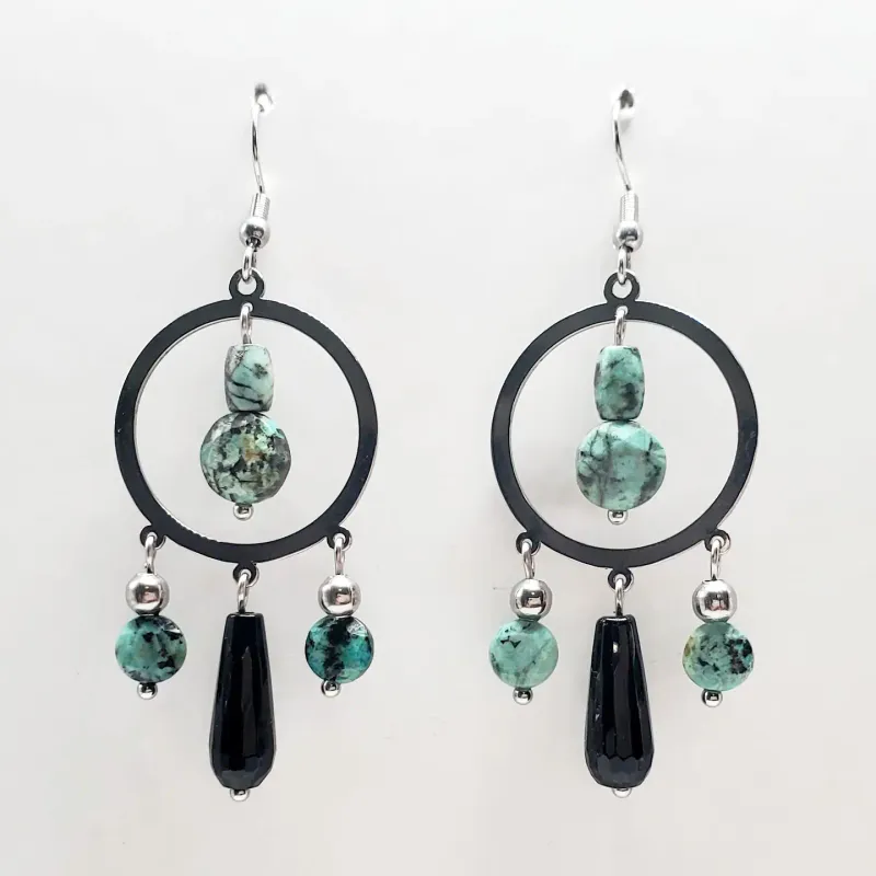 African Turquoise &amp; Stainless Chandelier Earrings