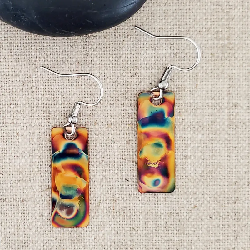 Small Flame Paint Copper Rectangle Earrings