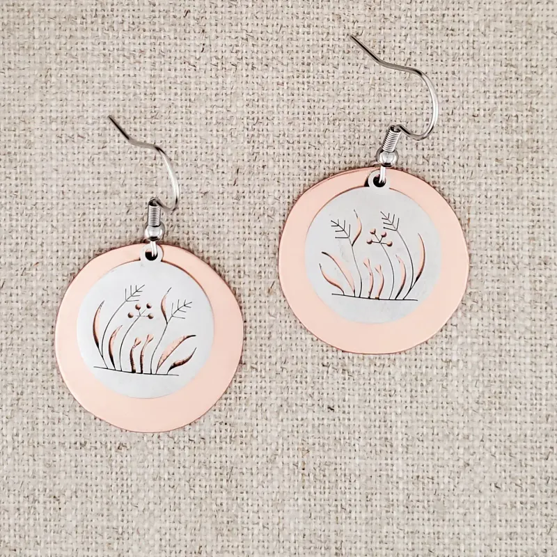 Stainless and Copper Flower Circle Layered Earrings