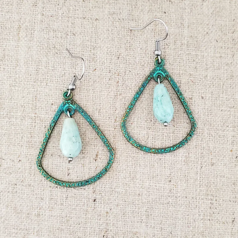 Brass Amazonite Drop Paint Patina Earrings
