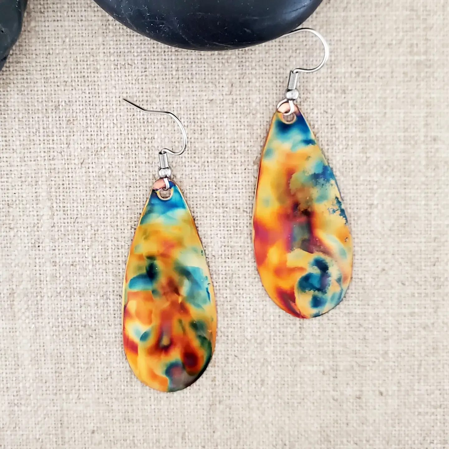 Medium Flame Paint Copper Teardrop Earrings