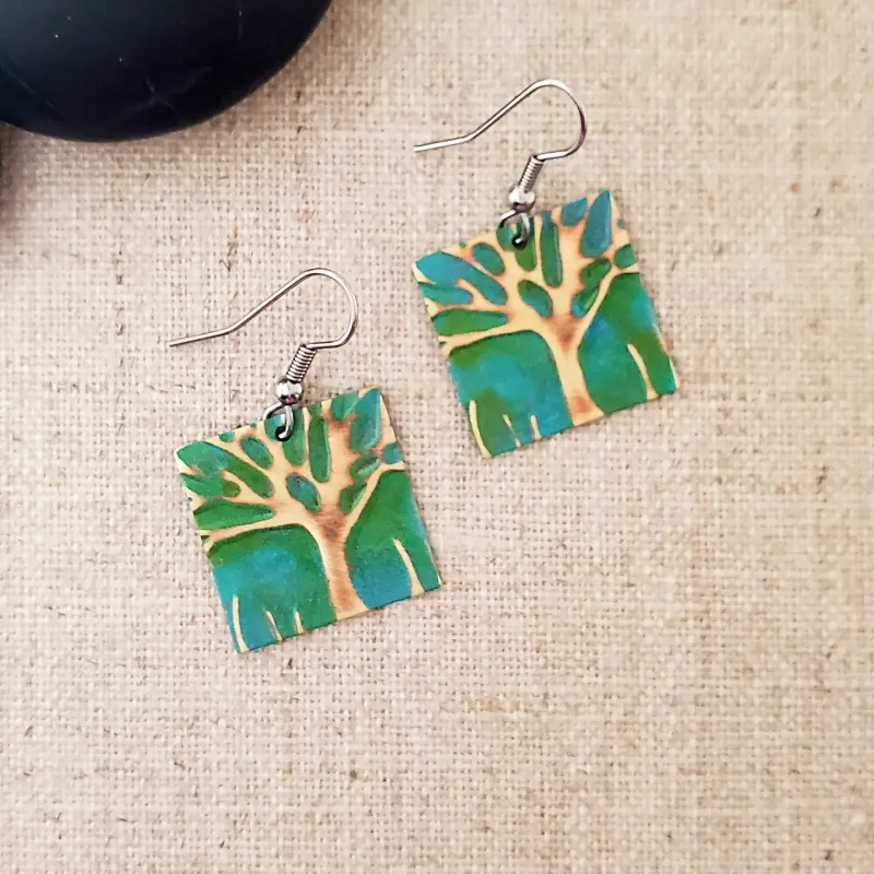 Small Square Embossed Tree Paint Patina Earrings