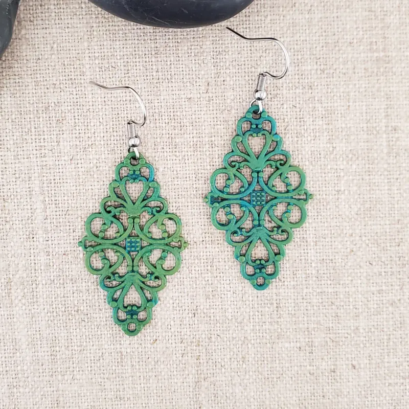 Brass Filigree Paint Patina Diamond Stainless Earrings