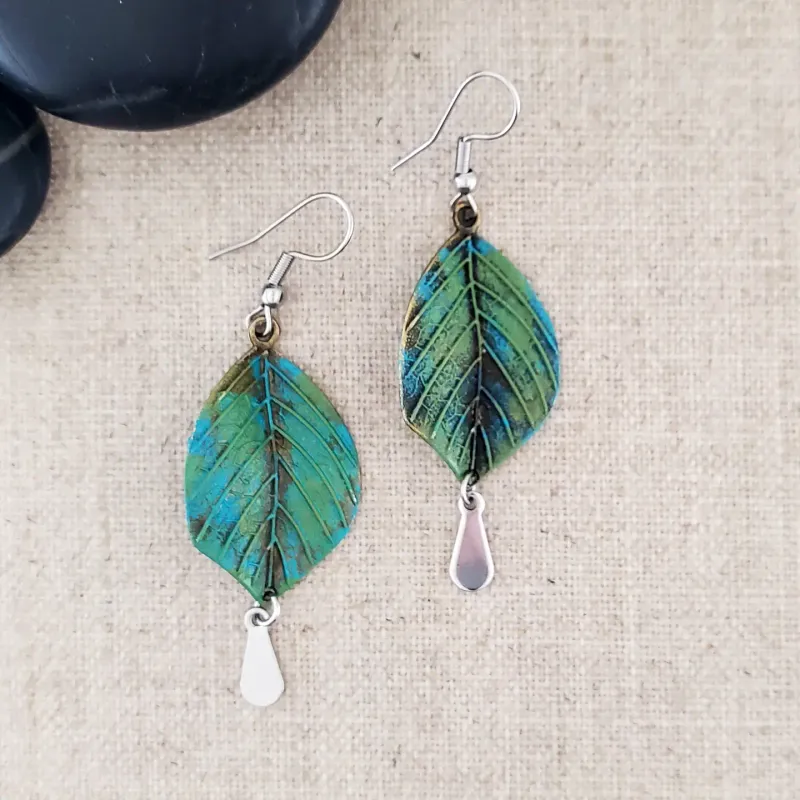 Large Brass Leaf Paint Patina with Stainless Drop Earrings