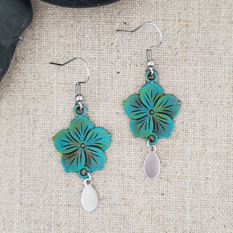 Brass Flower Paint Patina Stainless Drop Earrings