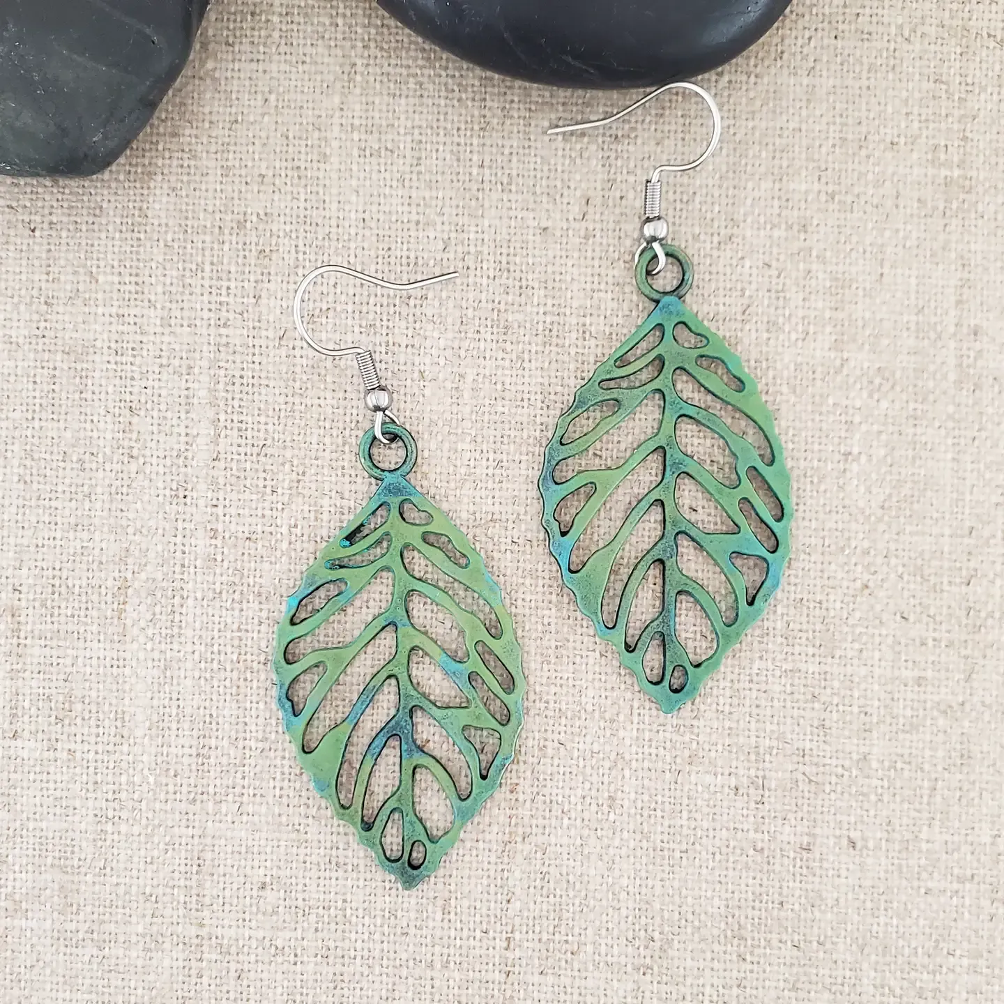 Brass Filigree Large Filigree Leaf Paint Patina Earrings