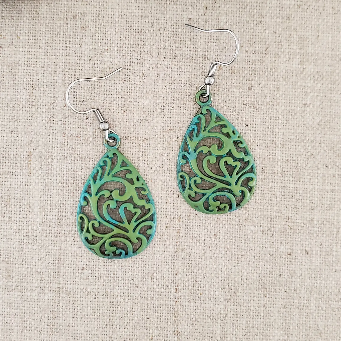 Brass Filigree Teardrop Paint Patina Earrings