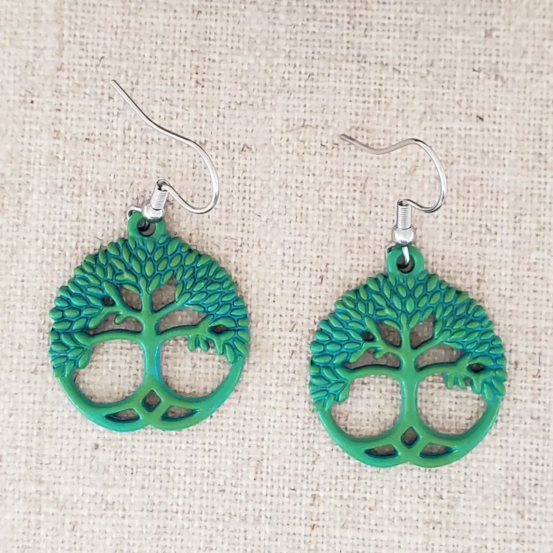 Brass Tree of Life with Leaves Patina Earrings