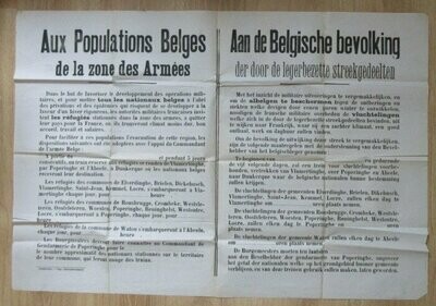 [ AFFICHE GUERRE 14/18 ]. Aux Populations Belges de la Zone des Armées - Aan de Belgische Bevolking der Door de Legerbezette Streekgedeelten