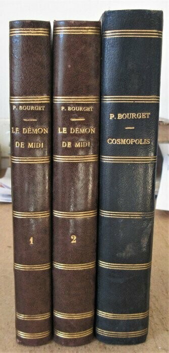 BOURGET, Paul. Lot de 2 ouvrages en 3 volumes Reliés demi-cuir : Le Démon de Midi (1-2) + Cosmopolis