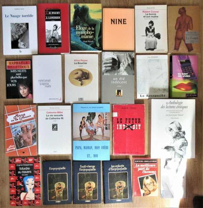CURIOSA ]. LOT de 23 livres : Nuage Torride + Fouet à Londres + La Bonne et son Maître + Nine + Eloge de Nymphomanie + Ressuscité + Mirna ou de l'Amour + Papa Maman mon Frère et Moi + Emmanuelle (1-3)