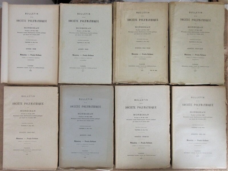 ​HALGOUET, Hervé du & Louis MARSILLE & Eugène CORGNE &c. Bulletin de la Société Polymathique du Morbihan : Années 1939 à 1952 en 8 volumes soit 14 années complètes : Mémoires - Procès-Verbaux