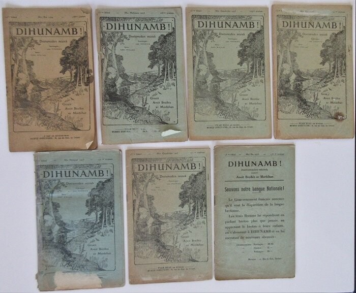 ​HERRIEU, Loeiz & Andréù MELLAG (eds.). Dihunamb ! Dastumaden miziek groeit aveit breihiz er Morbihan : Lot de 7 numéros de la revue Dihunamb de 1924 et 1925 [n°158 et n°168 à 173]