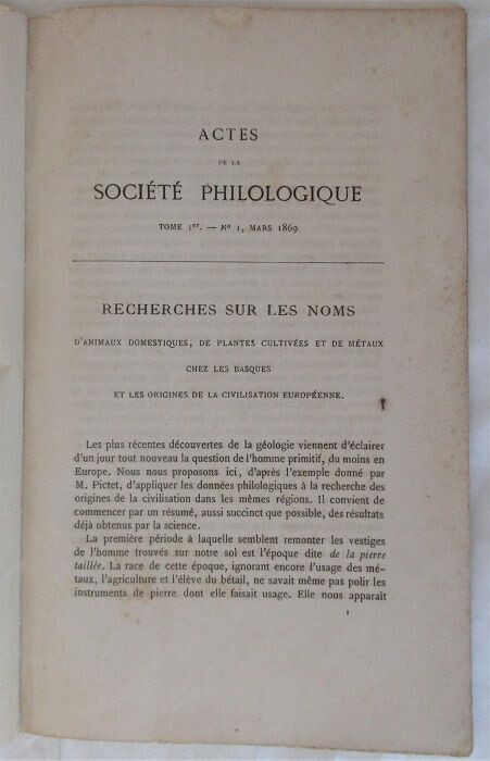 CHARENCEY, Hyacinthe de. Recherches sur les Noms d'Animaux Domestiques de Plantes Cultivées et de Métaux chez les Basques et les Origines de la Civilisation Européenne