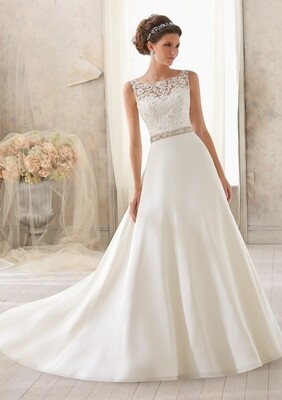 Venice Lace Trimmed with Crystal Beading On Delicate Chiffon Wedding Dress