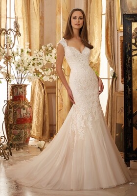 Crystal Beaded Alencon Lace Appliques on Soft Net Morilee Bridal Wedding Dress