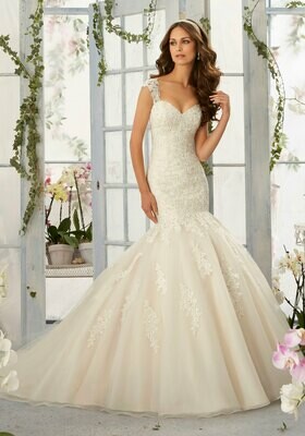 Alencon Lace Appliques With Frosted Beading Onto Tulle Mermaid Wedding Dress