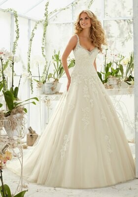 Crystal Beaded Edging With Alencon Lace Appliqués On Tulle Wedding Dress