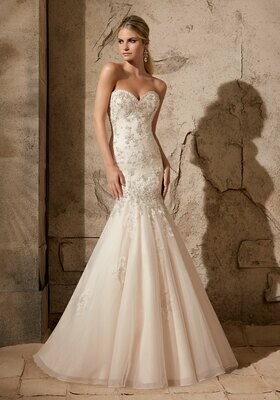 Crystal Beaded Embroidery onto Alencon Lace and Tulle Morilee Bridal Wedding Dress