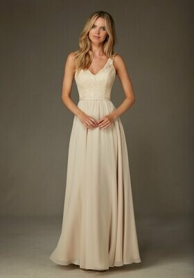 Elegant Bridesmaid Dress Featuring a Beaded Lace Bodice with Chiffon Skirt