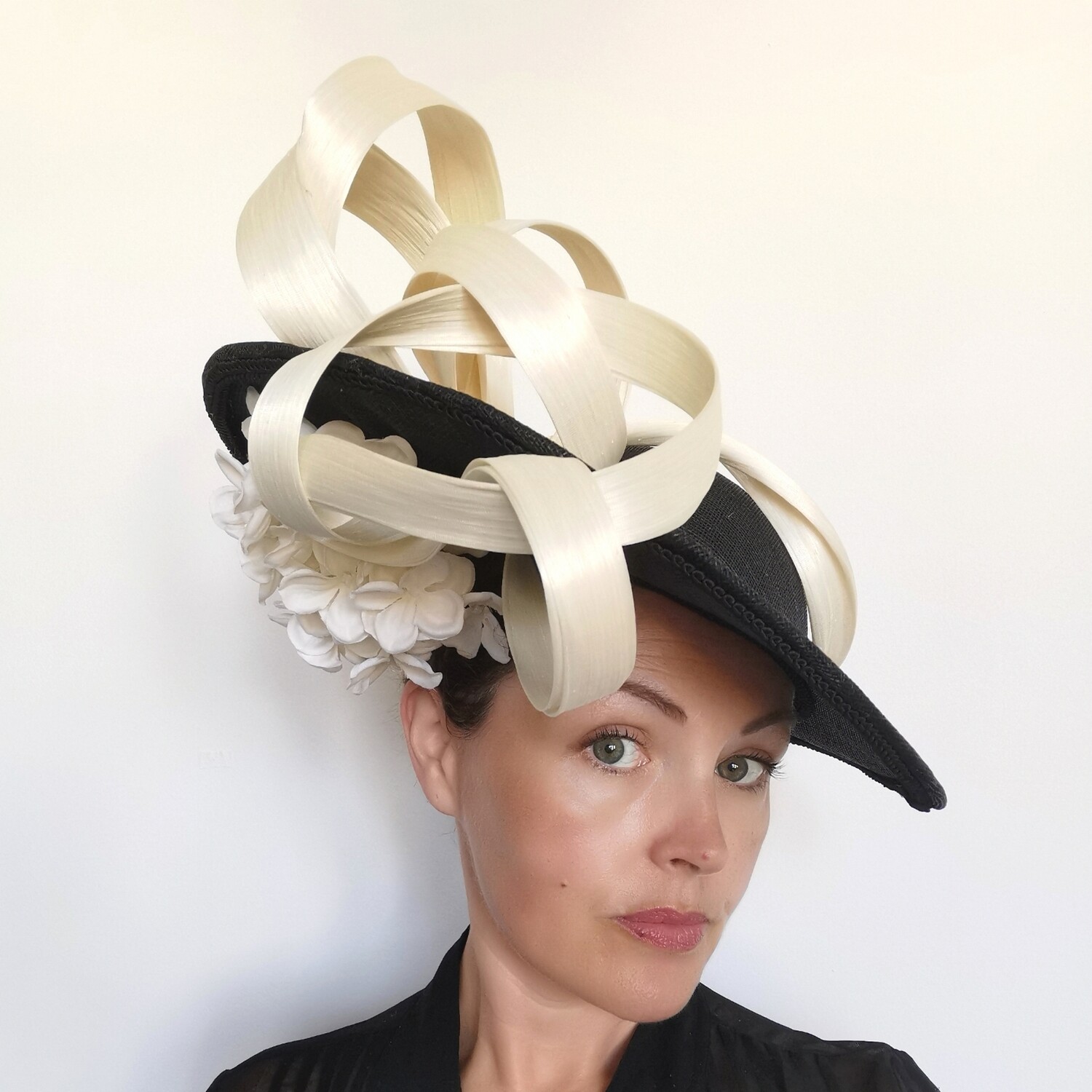 Black Hat with Ivory Silk Twist & Hydrangea