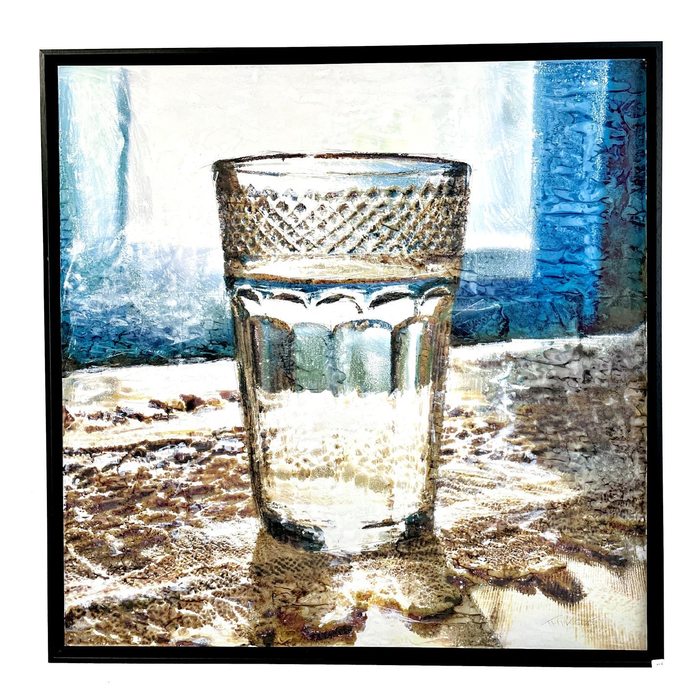 Verre sur nappe en dentelle, 100x100 cm.