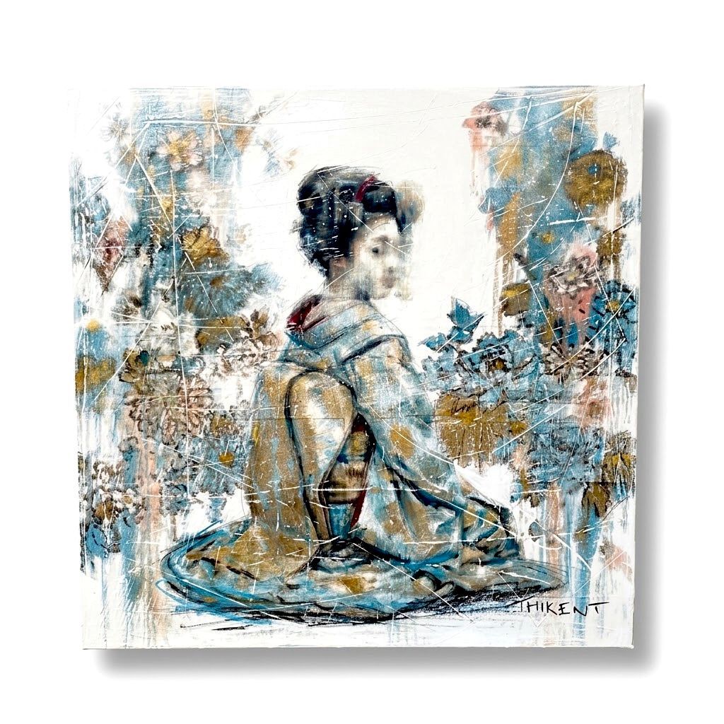 La Geisha aux fleurs bleues, 80x80 cm La Geisha aux fleurs bleues, 80x80 cm