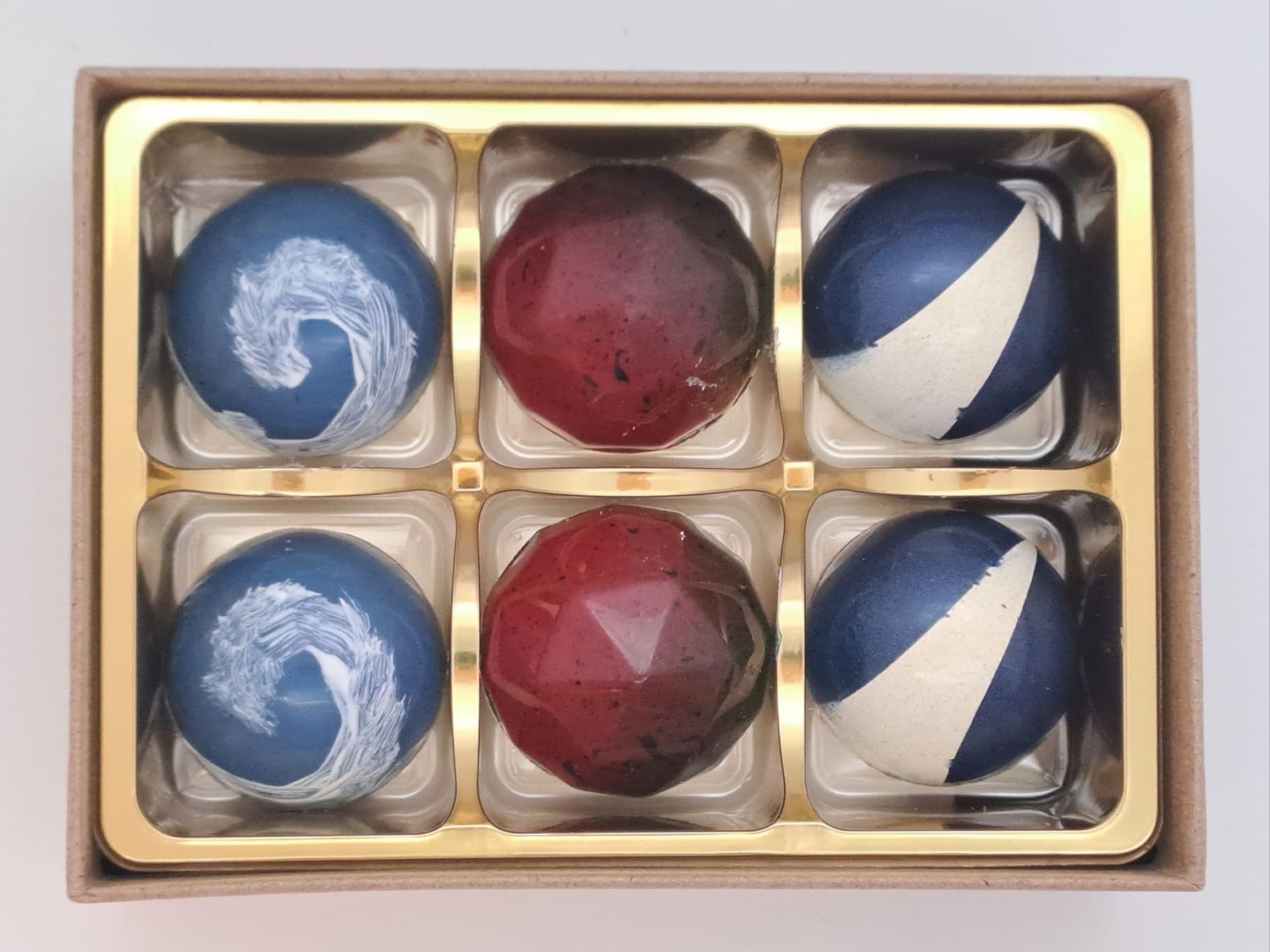 Salted Caramel,  Passionfruit &amp; White Chocolate Ganache, Peanut Butter and White Chocolate. box of 6
